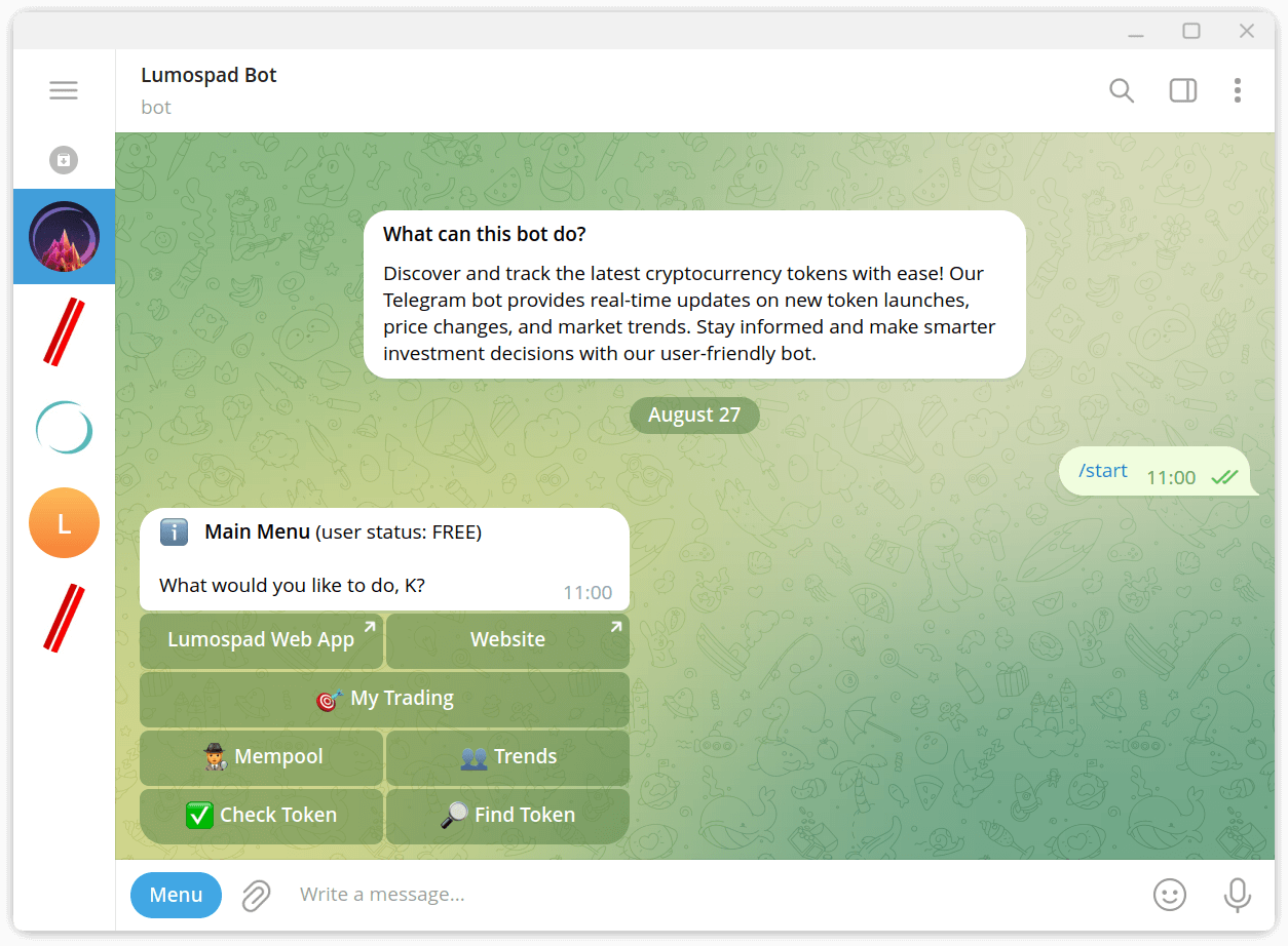 For your convenience we created Telegram Bot @LumospadBot where you can scan tokens, get mempool notifications and even trade tokens.